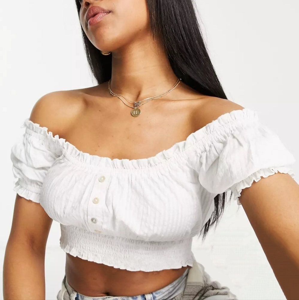 Miss Selfridge Seersucker Bardot Crop Top with Buttons in Ivory NWT